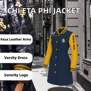 Chaqueta Universitaria Larga Bordada de la Hermandad Griega Chi Eta Phi para Otoño/Primavera/Invierno, Ecológica, con Mangas de Cuero Sintético y Logotipo - Product Image 2