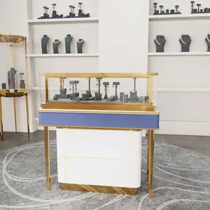 Vitrine de joias em aço inoxidável personalizada, armário de madeira branco com luz LED para exibição de joias, balcão de vidro