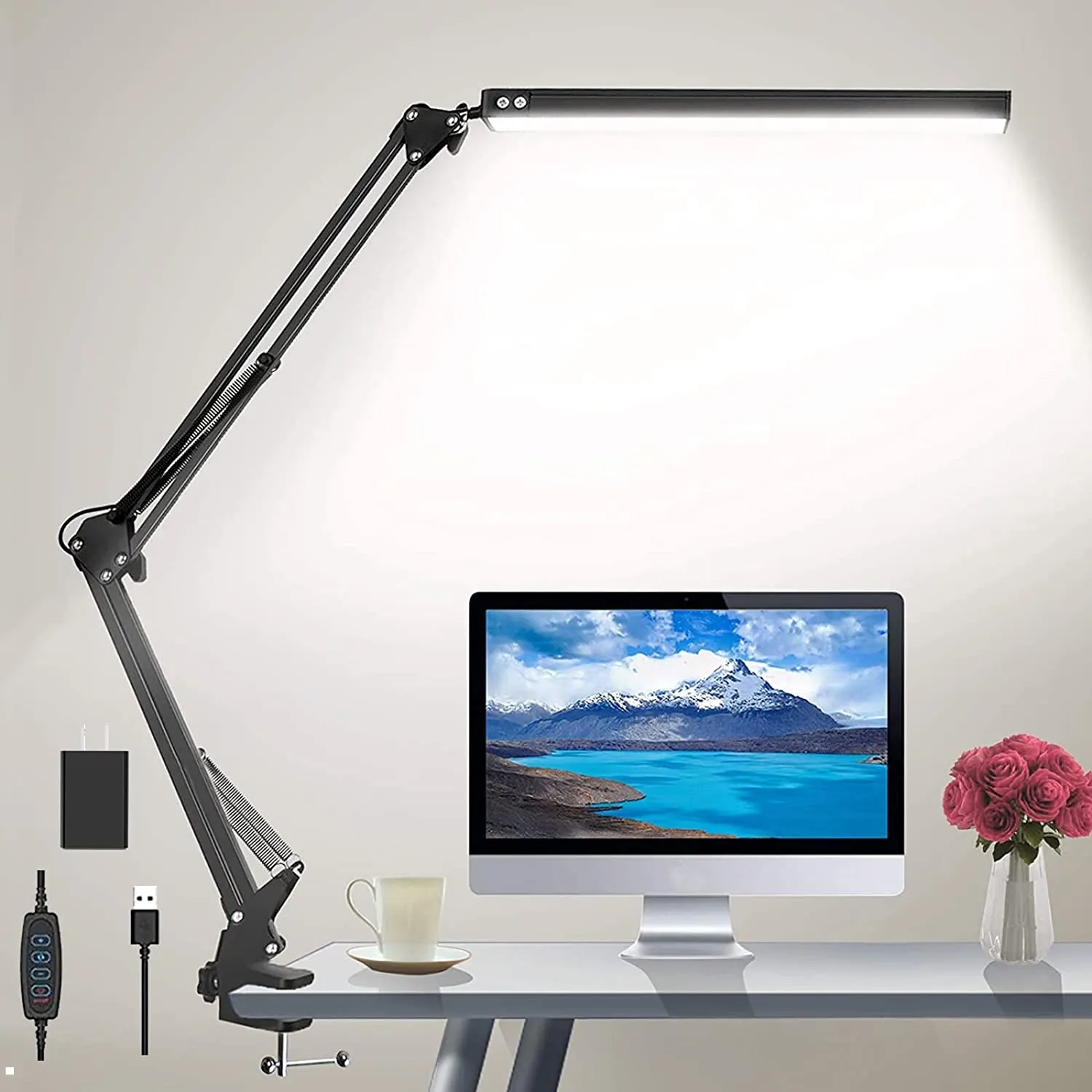 Lampe de bureau LED à bras pivotant réglable avec pince et 3 Modes de couleur, 10 niveaux de luminosité, pour la maison et le bureau