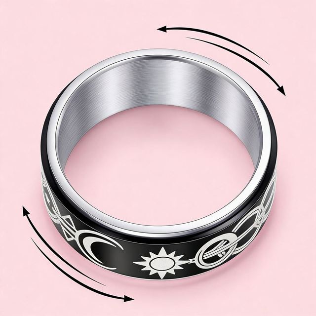 Stainless Steel Fashion Jewelry Star Moon Fidget Anxiety Ring Rotating Relieving Stress Embossed Black Unisex Casual"/Sporty