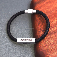 Bracelet en cuir avec aimant en acier inoxydable gravé pour homme, nom personnalisé, logo personnalisé, cadeau pour papa, fils, mari, petit ami