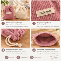 Sac à cordon en velours côtelé vintage avec étiquette en tissu personnalisée, petite pochette portable pour accessoires, emballage cadeau