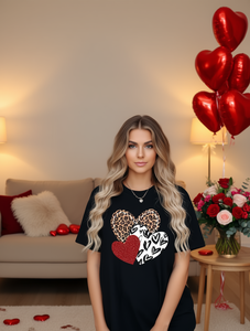 T-shirt per San Valentino da donna, manica corta, girocollo, stampa leopardata con cuore glitterato, top casual, 100% cotone, primavera estate - Product Image 2