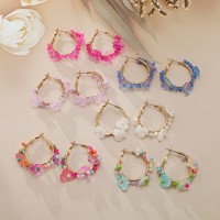 Anting Hoop Baja Tahan Karat Berhiaskan Manik-Manik Kelopak Bunga Warna-Warni Wanita Terlaris, Gaya Bohemian Buatan Tangan, Mewah Ringan