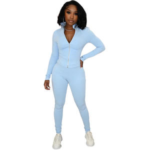 Set pakaian wanita santai dua potong, setelan pakaian wanita, jaket Dan celana Legging lengan panjang, Poly Spandex, Ribbed, dua potong - Product Image 3