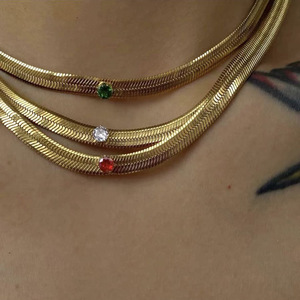 قلادة من الفولاذ المقاوم للصدأ, 14K الذهب شفرة شبيهة ثعبان مسطح سلسلة قلادة واحدة الماس الأحمر/الأخضر/أبيض/أسود قلادة من الفولاذ المقاوم للصدأ - Product Image 1