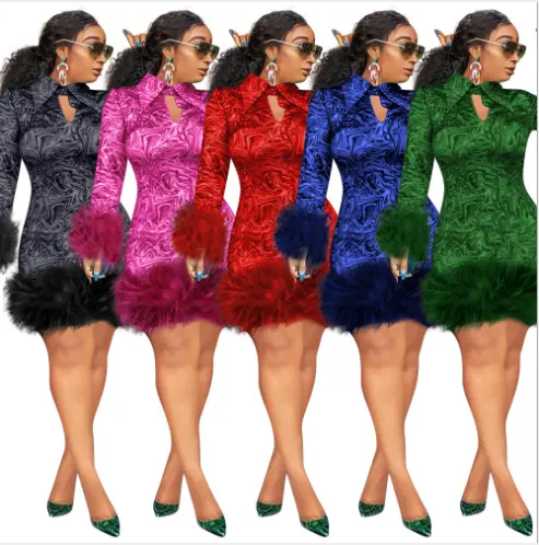 2020 خريف شتاء 5 الألوان العصرية النساء الملابس فلورا طباعة الفراء السيدات عارضة bodycon اللباس للمرأة