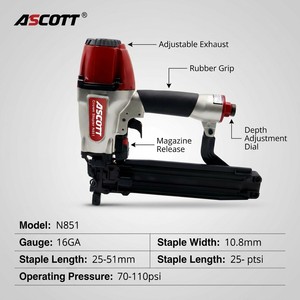 Engrapadora Neumática para Techos ASCOTT Industrial N851 con Modo <span class=keywords><strong>de</strong></span> Disparo y Profundidad Ajustables 25-50mm, Corona Mediana - Product Image 2