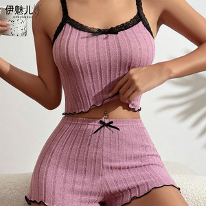 New cross-border European and American style stretchy pajamas for women, imitation cotton fleece ribbed loungewear, <b>suspender</b> - Product Image 3