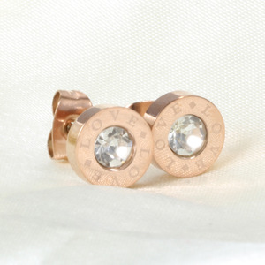 Rose Gold Plated Love Engraved <b>Stud</b> <b>Earrings</b> 8mm Round Bezel Set <b>Crystal</b> Women's Fashion Jewelry Gift - Product Image 5
