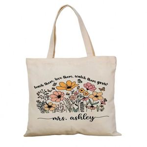 Flower Design Personalized <b>Teacher</b> Appreciation <b>Gift</b> Handbag, Customizable <b>Teacher</b> Name Pattern Canvas <b>Gift</b> Bag - Product Image 1