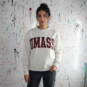 UMASS Ash Grey <b>Mock</b> <b>Neck</b> Sweatshirt 100% Cotton Applique Embroidery wide <b>neck</b> Sweatshirt sorority wear Finer Threads - Product Image 1