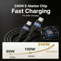 Kabel USB C ke USB C 240W dengan Indikator LED, Kabel Data Pengisian Cepat 5A Berbahan Nilon untuk iPhone 17 16 Pro Max, Laptop