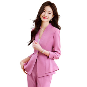 Women's Pink Suit Set Full Sleeve Autumn Office Lady Anti-Wrinkle Formal Professional Wear - Product Image 5