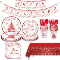 Ensemble de vaisselle pour fête de Noël, assiettes en papier rouges, gobelets, serviettes, couverts, nappe, bannière