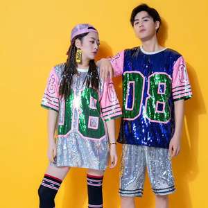 T-<span class=keywords><strong>shirt</strong></span> oversize ample streetwear hip hop # T-<span class=keywords><strong>shirt</strong></span> de <span class=keywords><strong>baseball</strong></span> Harajuku d'été pour femmes, couleur unie, paillettes brillantes, manches courtes - Product Image 1