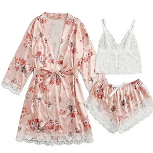 Conjunto de Pijama de Tres Piezas para Mujer, Tejido Transpirable, Estilo Verano, Imitación Seda, Camisón y Bata de Baño, Gran Venta - Product Image 2