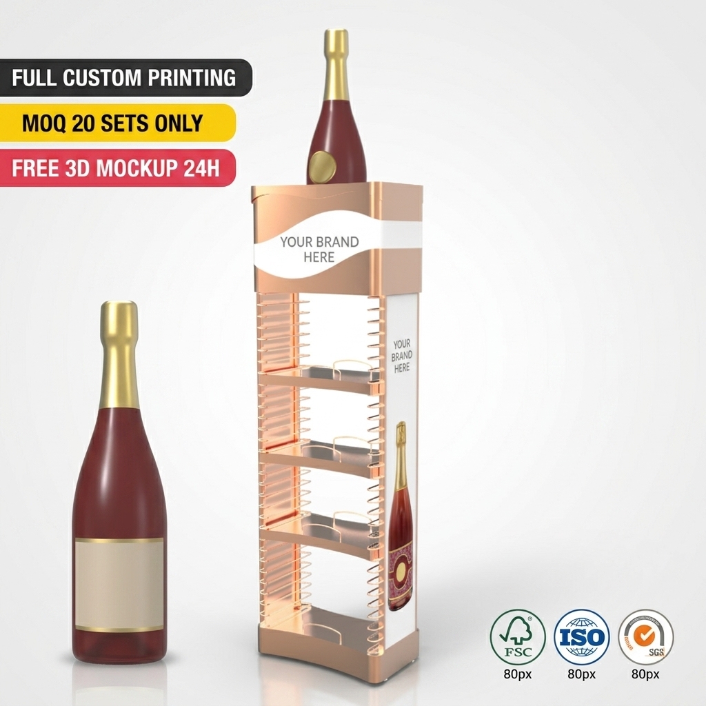 Custom Metal Liquor Display Stand Rose Gold Wine Rack LOGO Champagne Merchandiser Luxury Boutique Hotel Lounge FSDU Floor Shelf