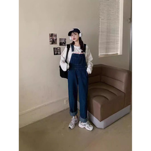 Overol de Mezclilla de Algodón Azul Oscuro Ajustado para Mujer Hiromi, Pantalones Anchos y Holgados de Pierna Recta, Finos para Primavera y Otoño - Product Image 3