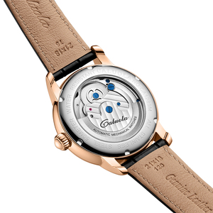 Montre mécanique squelette Caluola Flywheel avec verre <span class=keywords><strong>saphir</strong></span> synthétique arqué, bracelet en <span class=keywords><strong>cuir</strong></span>, étanche 5 ATM pour homme - Product Image 3