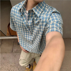 Chemise décontractée d'été pour homme en polyester, style américain vintage à carreaux, respirante, tricotée, service OEM, à manches courtes, tendance - Product Image 1