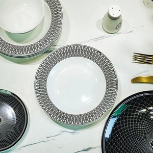 Service de table Black Line, ensemble de bols et d'assiettes en porcelaine, service de table minimaliste, ensemble de tasses, céramique occidentale, porcelaine osseuse - Product Image 3