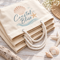Sac de plage personnalisé avec poignées en corde, imprimé coquillages et étoiles de mer, idéal pour les vacances d'été et les voyages en station balnéaire