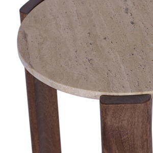 Tavolino Rotondo con Piano in Travertino e Base a Treppiede in Legno per Arredamento Domestico in Spazi Ristretti - Product Image 4