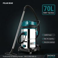 PB 3600W Aspirateur professionnel électrique pour detailing automobile, en acier inoxydable, 70L, aspirateur humide et sec industriel, triple moteur, 5+ buses, certifié CE