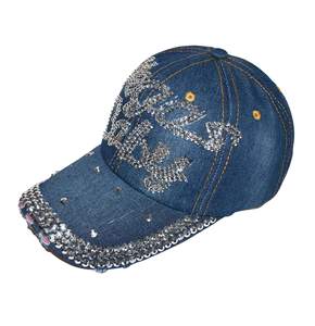 Vegas Babay Sporty Sombrero de 5 paneles Logotipo personalizado Light Denim Jeans Wash Bling Gorra de béisbol con diamantes de imitación Característica de tela común - Product Image 6