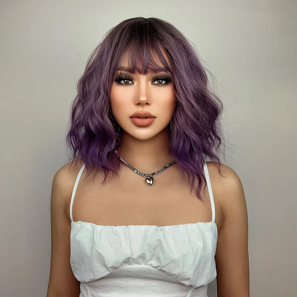 Ainizi-peluca sintética con flecos para mujer, pelo corto de 33cm con cuerpo ondulado mezclado púrpura a la moda, precio al por mayor