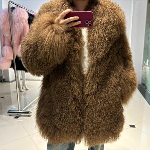 <span class=keywords><strong>Abrigo</strong></span> de piel de oveja de camello para mujer con cuello Natural Lady Real <span class=keywords><strong>abrigo</strong></span> de piel de oveja 2024 invierno cálido Natural Mongolia tela de piel - Product Image 2
