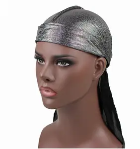 H-233 थोक Durags पुरुषों कस्टम लोगो रेशम लंबी पूंछ के लिए समुद्री डाकू टोपी Bling Durag लोचदार डाकू टोपी