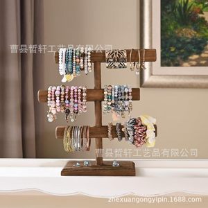 Wooden Jewelry Rack Three Tier Solid Wood Bracelet Storage Display <b>Stand</b> Desktop Organizer Retro Minimalist Style - Product Image 1