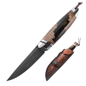 Buatan tangan berkualitas tinggi baja Wootz eboni dan pegangan resin pisau Tetap luar ruangan berburu hadiah bertahan hidup pisau dengan selubung kulit