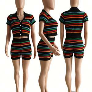 Summer Boutique <strong>Clothing</strong> Knitted 2 Crop Top <strong>and</strong> Women Sets Striped Loungewear Knit Two Piece Ladies Shorts Outfits - Product Image 4