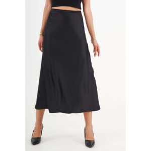 Ruffled Cut <b>Long</b> <b>Black</b> Satin <b>Skirt</b> High Waist <b>Women's</b> 100% Polyester Shiny Fabric - Product Image 4