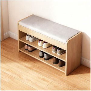 Banc en bois <span class=keywords><strong>avec</strong></span> coussin et tiroir dissimulé, meuble <span class=keywords><strong>d</strong></span>'<span class=keywords><strong>entrée</strong></span> à 2 niveaux <span class=keywords><strong>avec</strong></span> coussin, étagère à chaussures en bois massif de style mid-century, mobilier moderne pour la maison - Product Image 2
