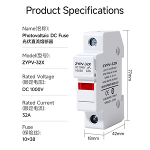 Portafusibles Solares Fotovoltaicos de 1000V 32A con Indicador Luminoso, Montaje en Riel DIN, para Caja Combinadora Fotovoltaica y Protección de Inversores - Product Image 4
