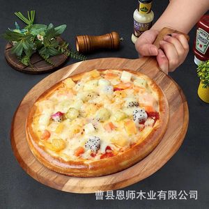 Tabla de cortar redonda de madera de acacia de 42 cm con asa para pizza, frutas y pan - Product Image 5