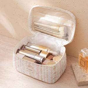 Large Quilted Makeup <b>Bag</b> Cute Cotton Travel Cosmetic <b>Bag</b> with HandlePortable Floral Make up <b>Bags</b> - Product Image 2