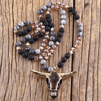 Bijoux à la mode Multistone Long noué à la main collier pendentif tête de vache Amazonite corne de taureau tête de crâne collier Mala