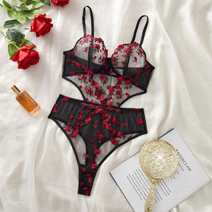 Seksi Bodysuit satu potong Bra celana dalam wanita bordir bunga romantis renda Lingerie transparan tembus pandang wanita - Product Image 2