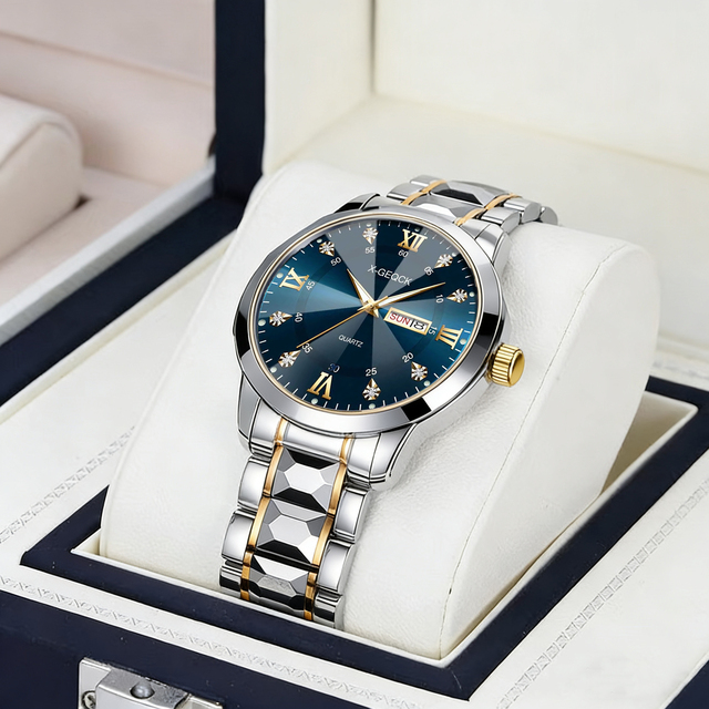 X-GEQCK Top Brand Luxury Waterproof Luminous Date Week Watch for Men Stainless Steel Quartz Watches Male Reloj