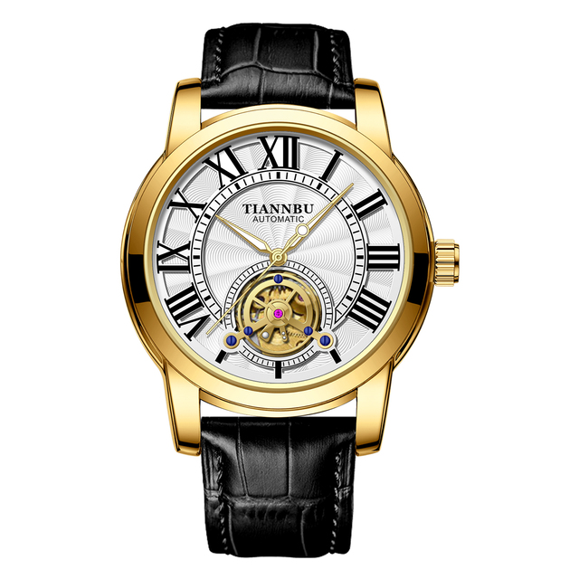 Leather Automatic Mechanical Watch with Genuine Leather Strap Gold Dial Men's Watch