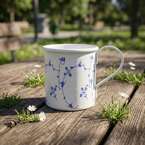 Factory Direct Eco-Friendly Stainless Steel Enamel Mug White Floral Decal Customizable Logo for Restaurants Cafes & Gifts - Product Image 1