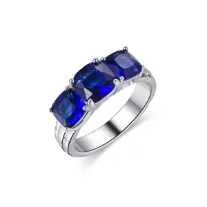 Cincin Tiga Batu 925 Sterling Cincin Bantalan Perak 3 Aquamarine Biru Batu Permata Cincin Pernikahan Cincin Berlian