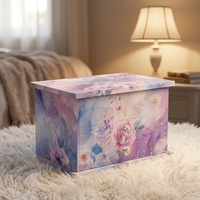 Boîte à bijoux musicale en aquarelle, motif floral violet et rose, accents dorés, organisateur en bois à deux tiroirs, bouton en cristal, rangement, vente en gros