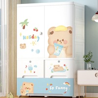 Armoire de rangement pour enfants en plastique avec dessins animés, roulettes, double porte, tiroirs et tringle de suspension