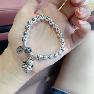 Lucky Cat <b>Silver</b> <b>Bead</b> Bracelet S925 Sterling <b>Silver</b> Cartoon Design Smiley Face Charm Women's Everyday Wear Jewelry - Product Image 3